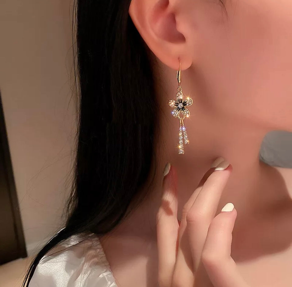 Silver Flower Crystals Drop Gold Stud Earrings
