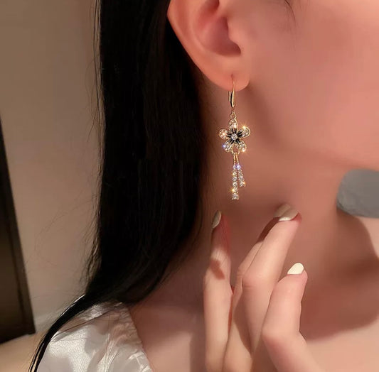 Silver Flower Crystals Drop Gold Stud Earrings