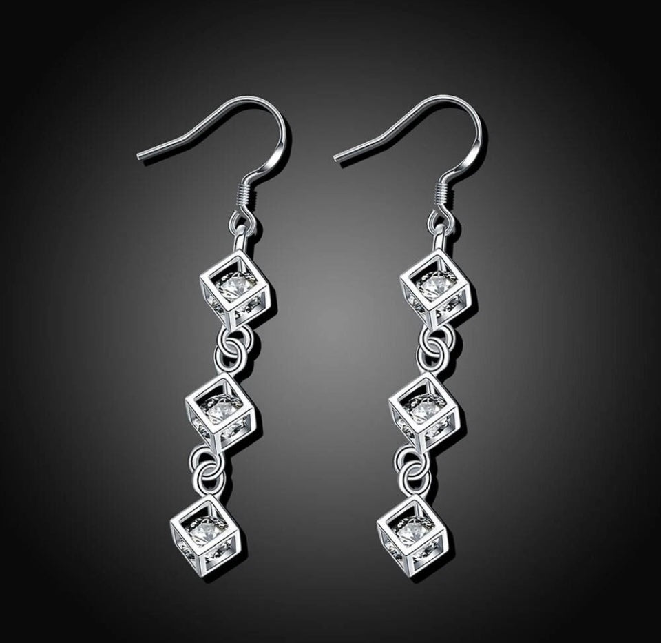 Silver Cube Earrings with Sparkling Crystals Drop Dangle Gift Bag