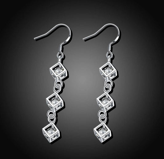 Silver Cube Earrings with Sparkling Crystals Drop Dangle Gift Bag