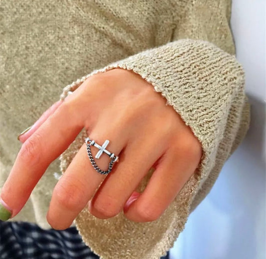 Vintage Cross Line Adjustable Silver Ring Women Jewellery Xmas Gift
