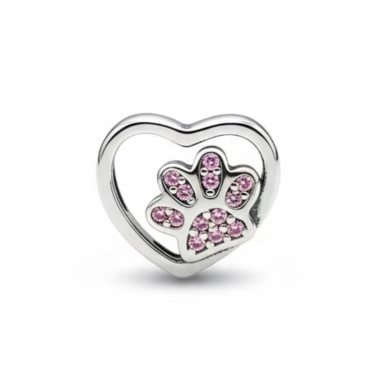 Pink paw print heart charm S925 sliver