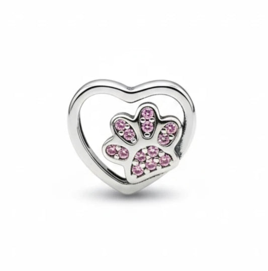 Pink paw print heart charm S925 sliver
