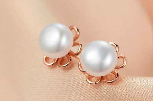 Womens Rose Gold Pearl SunFlower Earrings