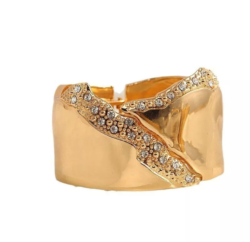Wide Cuff Bangle Statement Bracelet Crystal Rhinestone Irregular Gold Asymmetric