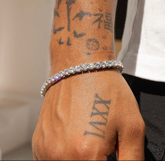 Mens Tennis Bracelet Ice Out Stainless Steel Silver Chain