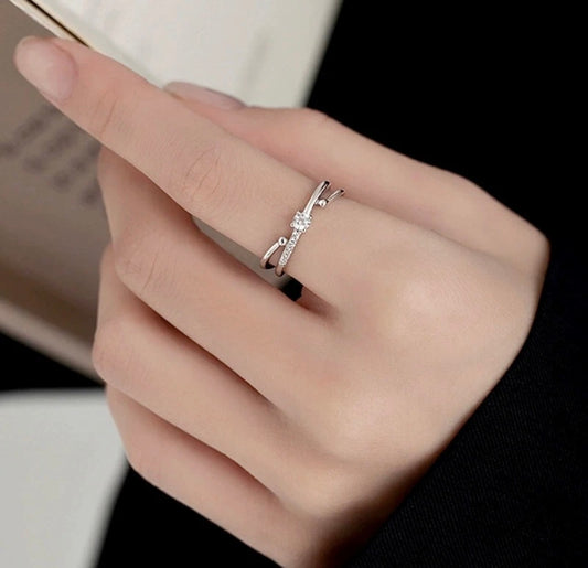 Silver Double Layer Crystal Adjustable Ring