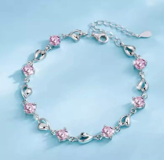 UK Women Fashion Jewelry Sterling Silver Heart Crystal Charm Bracelet Pink