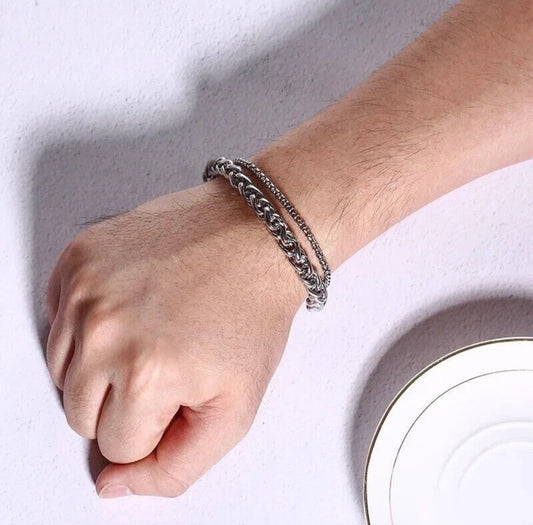 Mens Cuban 2 Layer Stainless steel  Chain Bracelet 10MM Silver Curb Retro Link