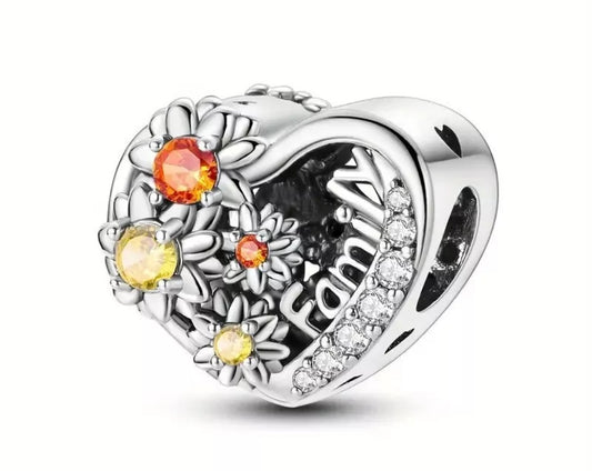Sunflower Openwork Family Heart Charm For European Bracelet S925 Sterling Silver