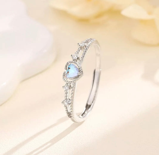 Silver Moonstone Heart Crystals Adjustable Ring