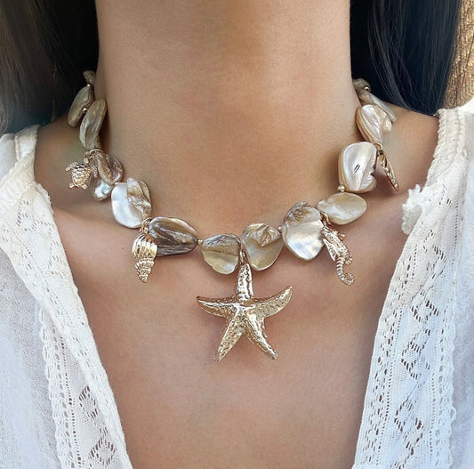 Beach Sea Shell Star Charms Beads Gold Pearl Chain Necklace