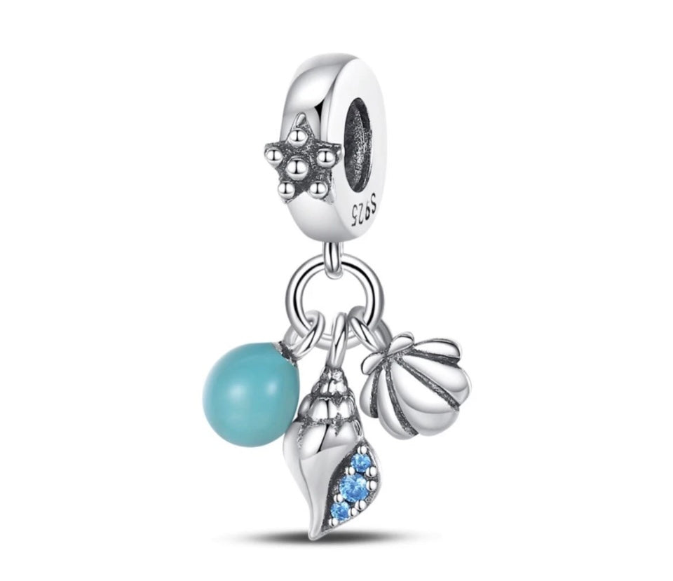 Sterling Silver Triple Beach Shells Bracelet Charm, S925