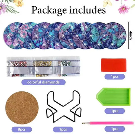 8pcs 5D Diamond Art Coaster Colourful Butterfly