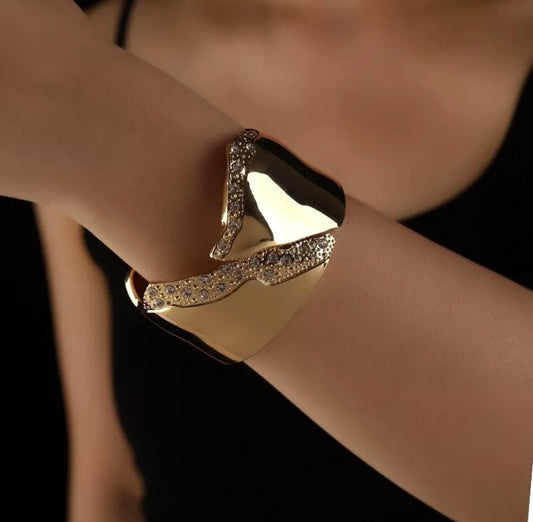 Wide Cuff Bangle Statement Bracelet Crystal Rhinestone Irregular Gold Asymmetric