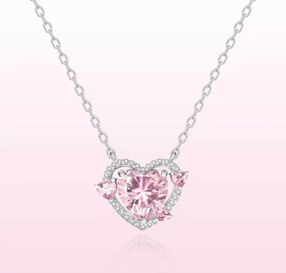 Crystal Hearts Necklace Pendant Silver Women Girls Gift