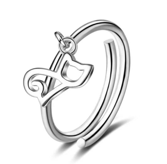 Drop Cute Cat Adjustable Ring Silver