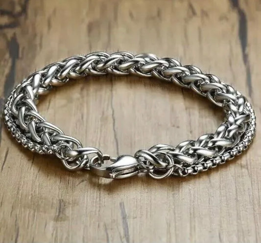 Mens Cuban 2 Layer Stainless steel  Chain Bracelet 10MM Silver Curb Retro Link