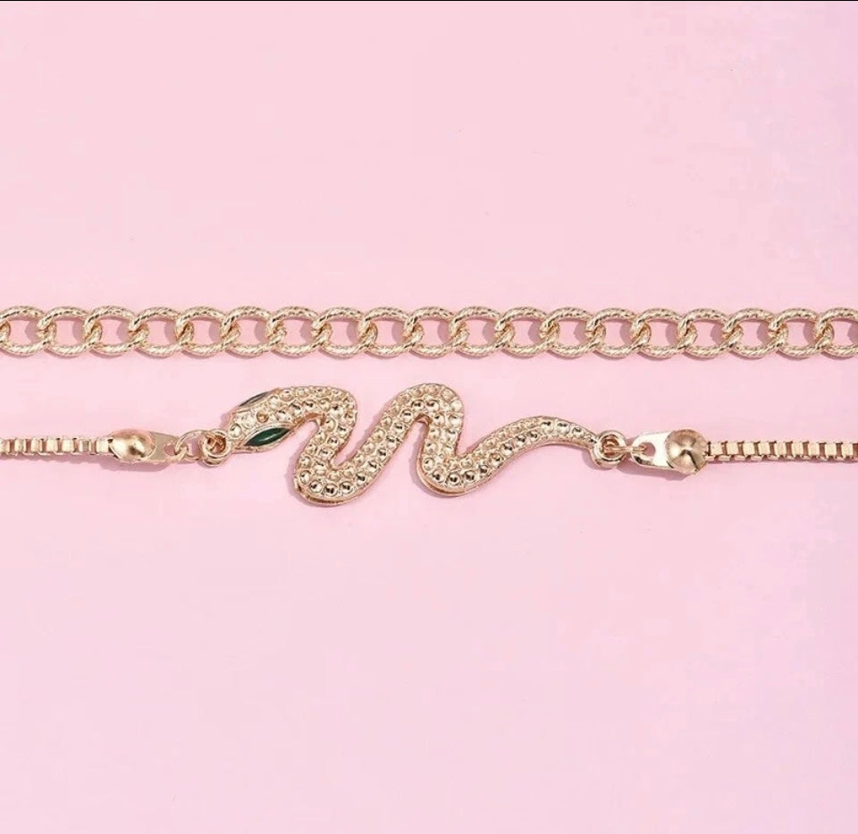 Womens Bracelet Gold Silver Stainless Steel Snake Cuban Link Chain 2pc Gift Set