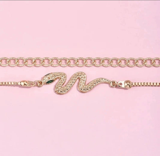 Womens Bracelet Gold Silver Stainless Steel Snake Cuban Link Chain 2pc Gift Set