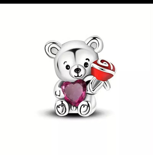 Cute Bear Love Heart With Rose Charm For European Bracelets S925 Sterling Silver