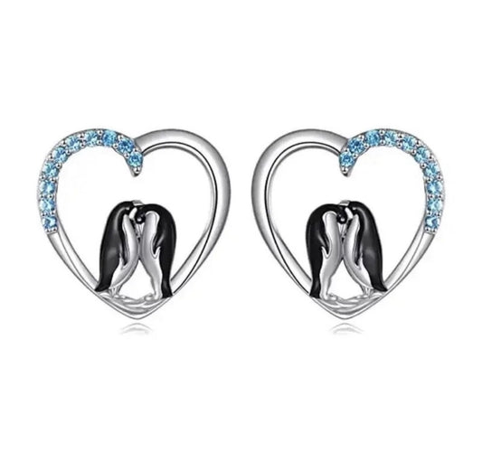 Cute 925 Silver Emperor Penguin Love Heart Stud Earrings