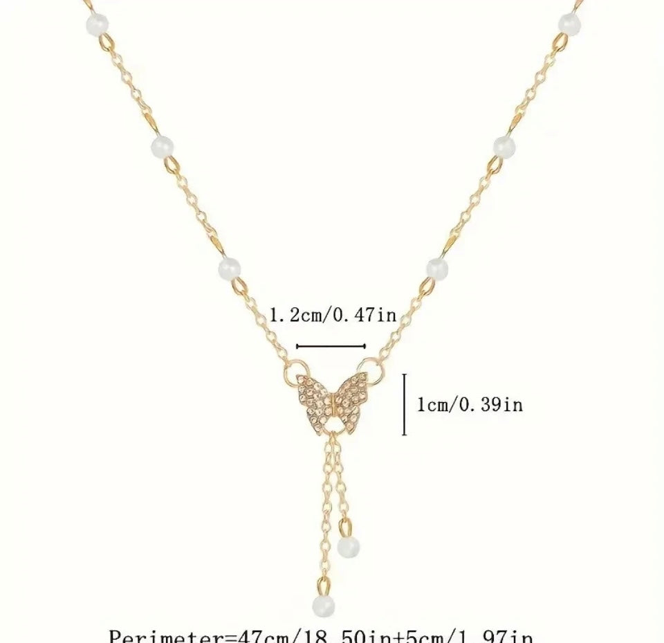 Rhinestone & Faux Pearl Butterfly Gold Tone Pendant Necklace