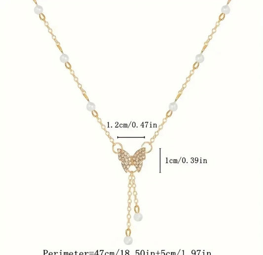 Rhinestone & Faux Pearl Butterfly Gold Tone Pendant Necklace