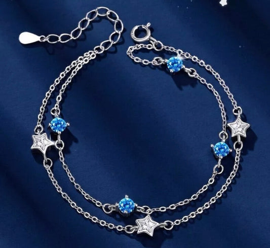925 Sterling Silver Double Layer Star Linked Charm Bracelet