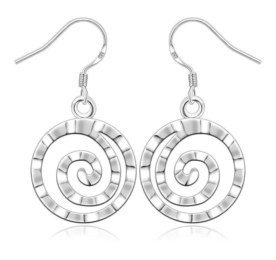 Silver Circle Earrings Drop Hammered Finish Spiral Dangle Gift Bag