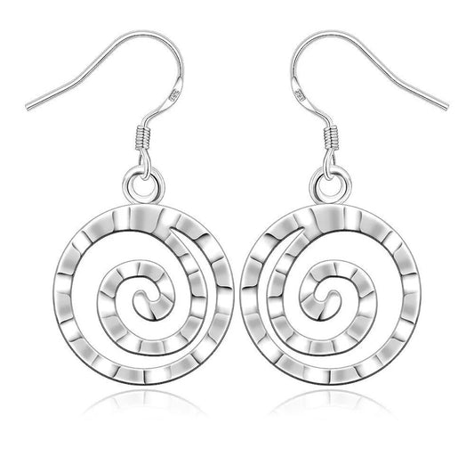 Silver Circle Earrings Drop Hammered Finish Spiral Dangle Gift Bag