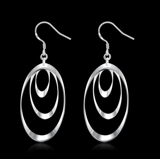Silver Oval Earrings Shiny Triple Oval Loop Dangle Free Gift Bag