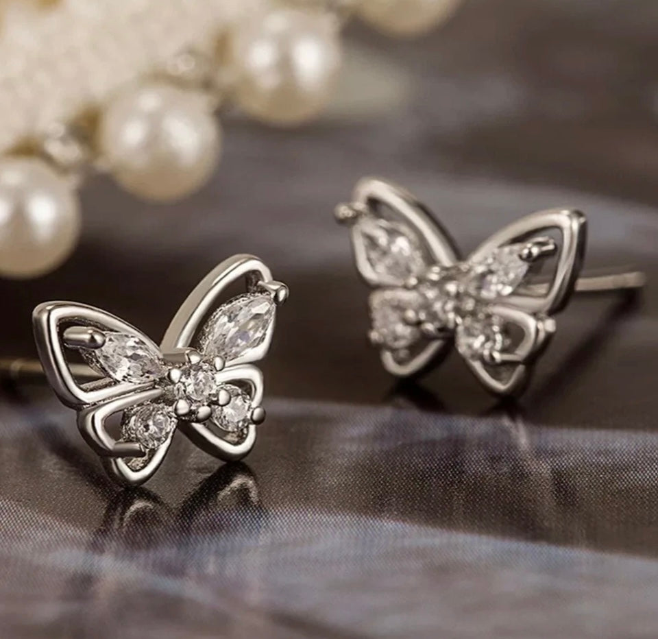925 Sterling Silver Butterfly CZ Stud Earrings