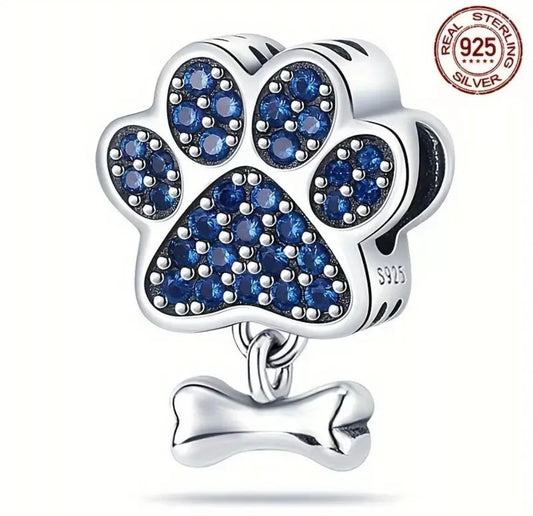 Blue Paw Print & Dog Bone Charm For European Bracelets S925 Sterling Silver