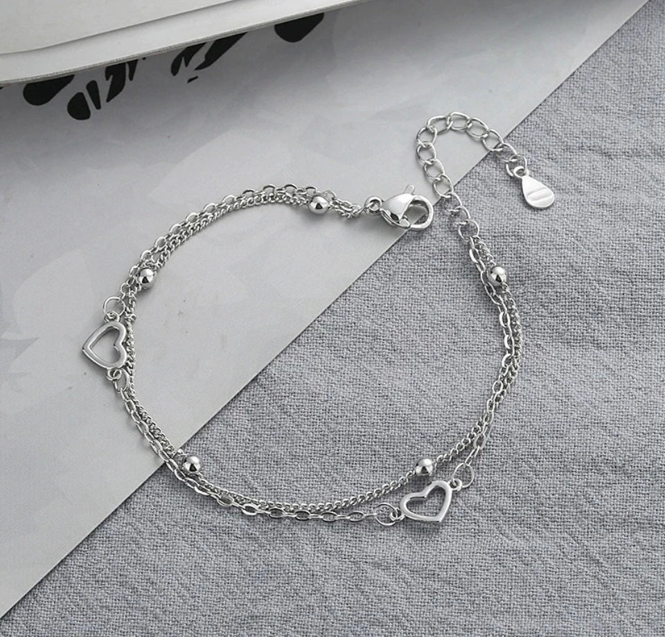 Heart Bracelet Double Layer Beaded Chain 925 Sterling Silver