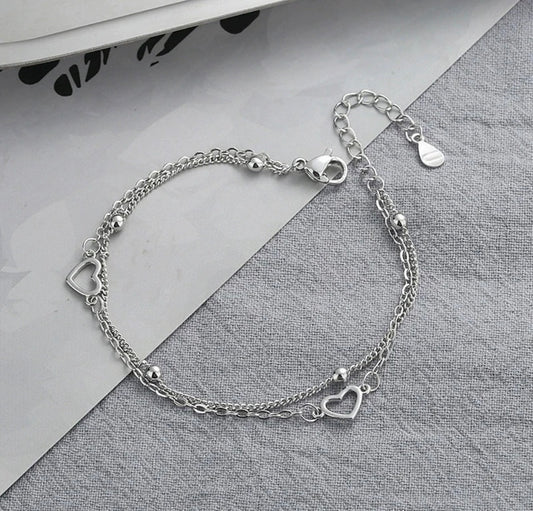 Heart Bracelet Double Layer Beaded Chain 925 Sterling Silver