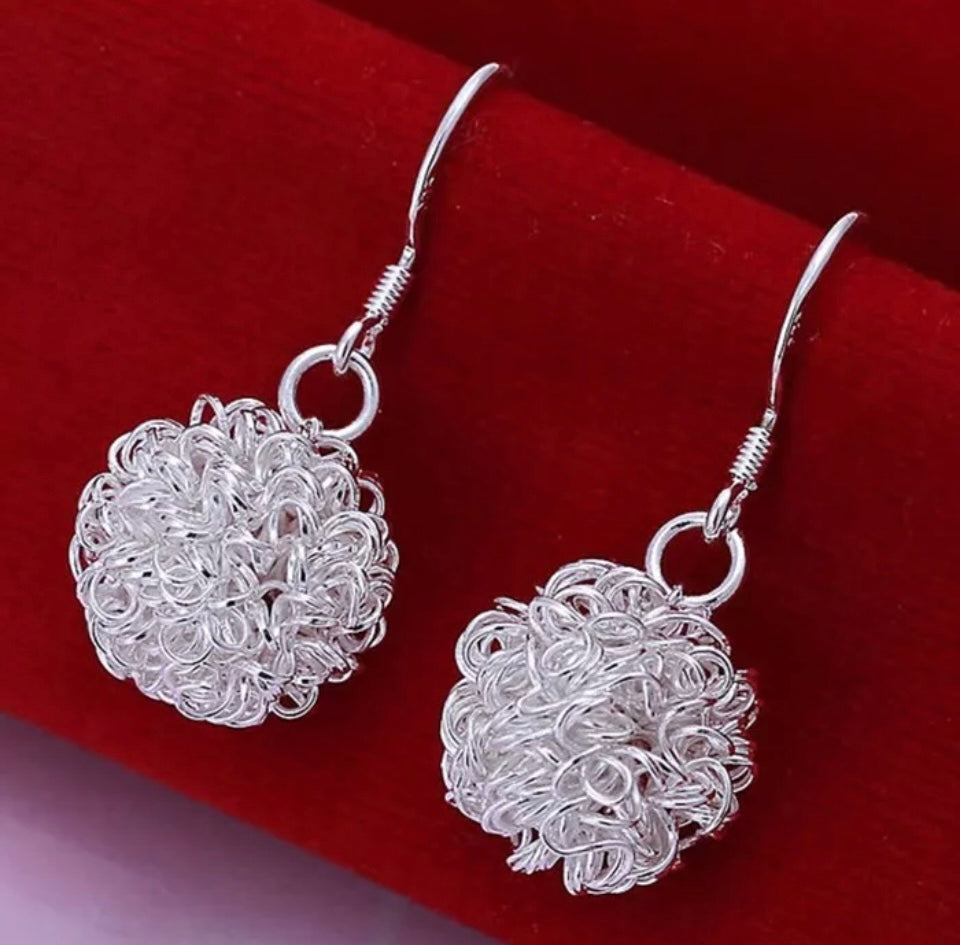 Silver Ball Earrings Dangle Scribble Ball Twisted Ball Gift Bag