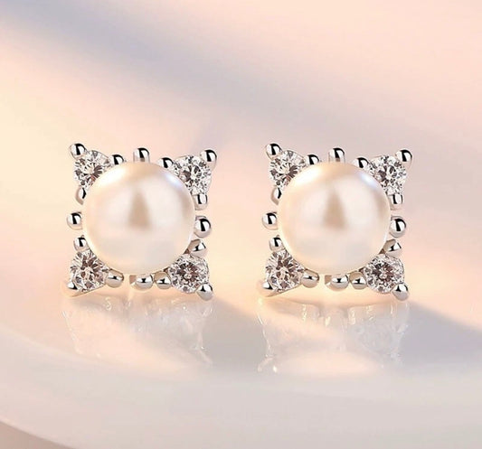 Sterling Silver Square Pearl Stone Stud Earrings