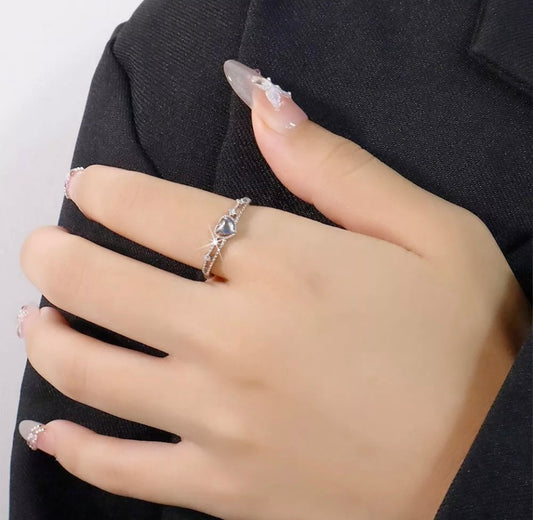 Silver Moonstone Heart Crystals Adjustable Ring