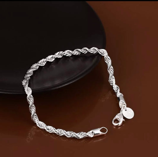 Silver Twisted Rope Bracelet 3mm Chain Link Fancy Free Gift Bag
