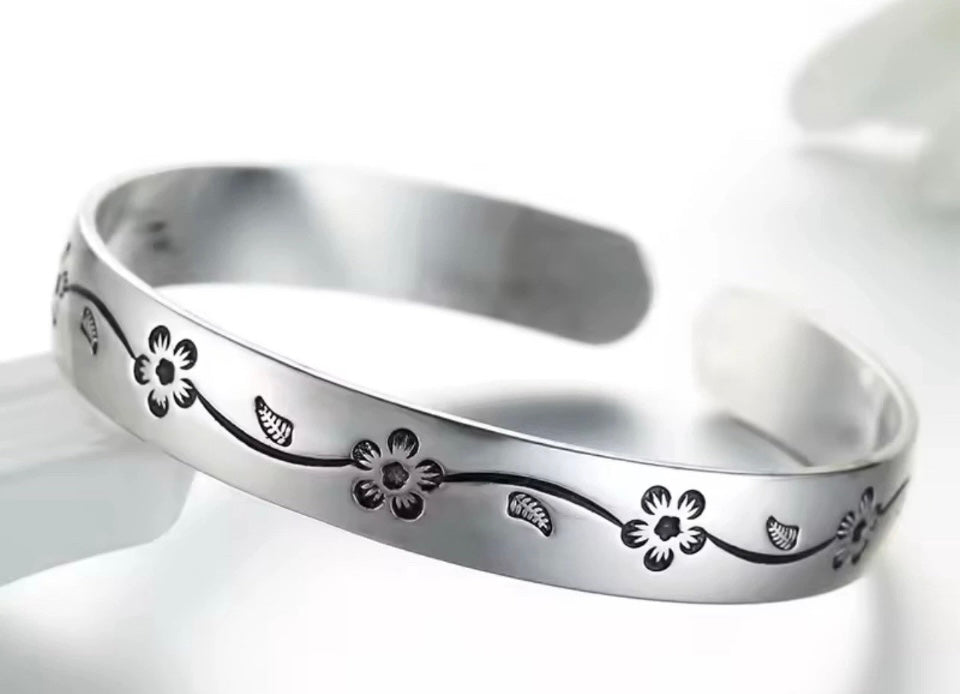 UK Women Men Jewelry Fine 925 Sterling Silver Flower Solid Cuff Bangle Bracelet