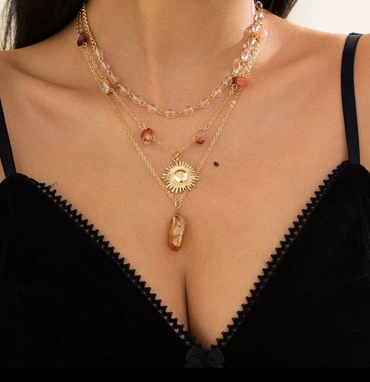 Multi Layer Gold Sun Beads Charms Summer Chain Necklace