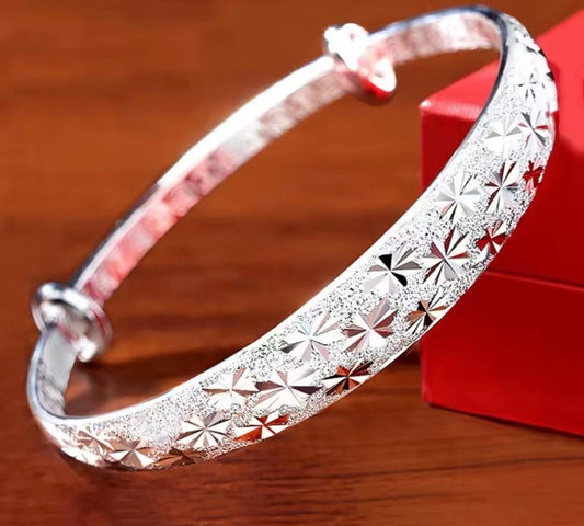 925 Sterling Silver Floral Cuff Bangle Bracelet