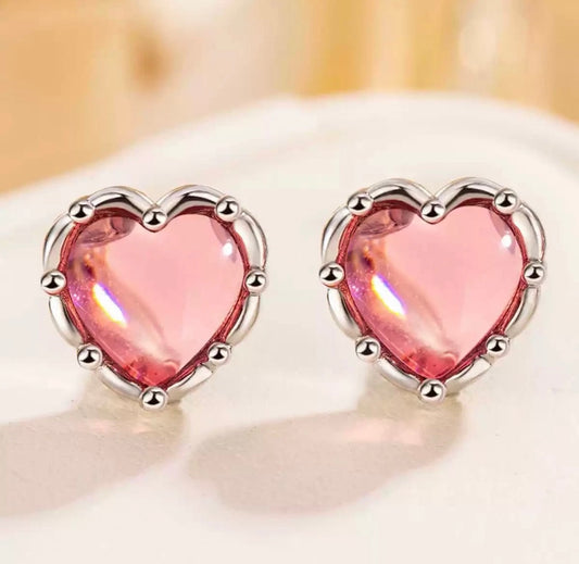 925 Sterling Silver Crystal Pink Heart Stud Earrings