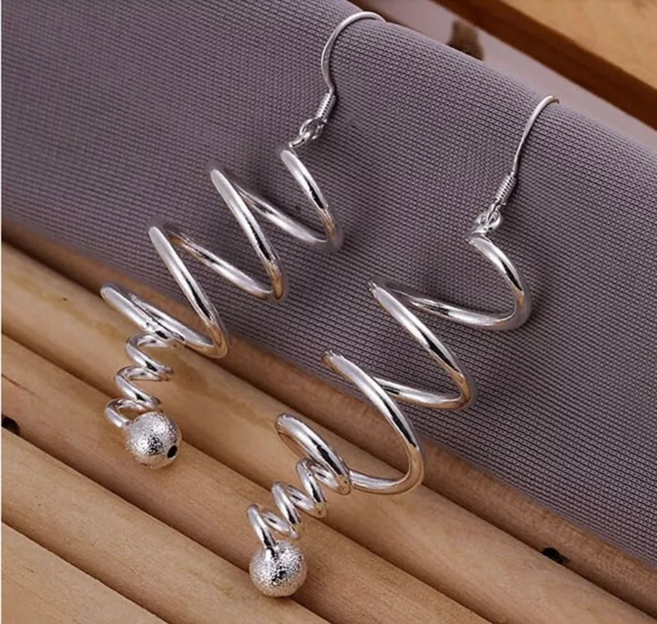 Silver Earrings Twist Swirl Spiral Dangle Drop & Ball Free Gift Bag