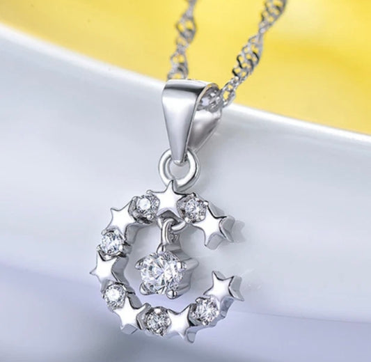 Silver Star Circle CZ Crystal Necklace