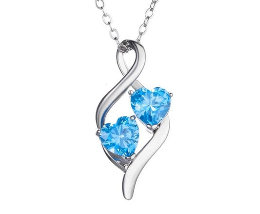 Blue Crystal Heart Linked Pendant Silver Chain