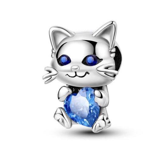 Sterling Silver Cat With Blue Heart Charm, S925 Silver