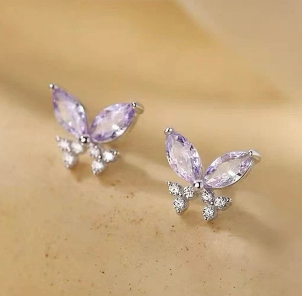925 Sterling Silver Crystal Colourful Butterfly Stud Earrings