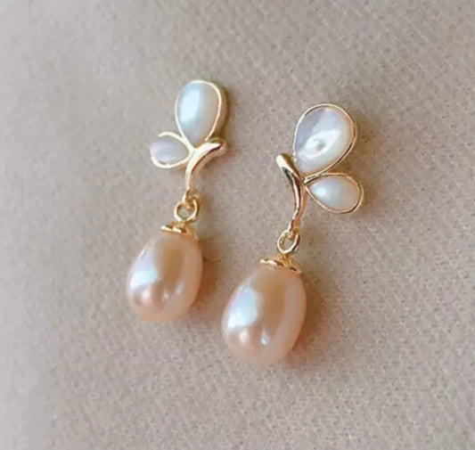 Silver Butterfly Pink Pearl Gold Drop Stud Earrings